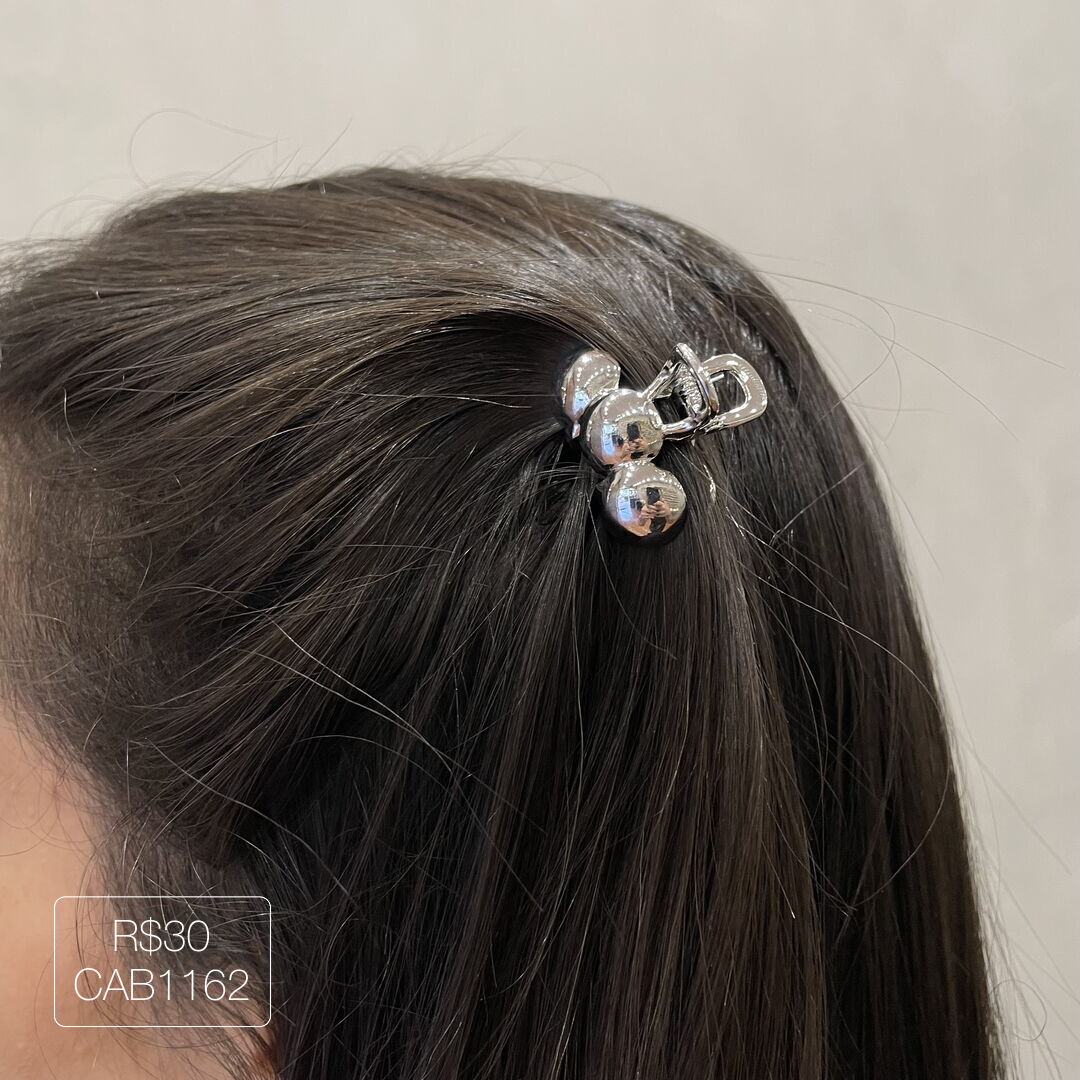 Hair Clip Mini Três Bolas Liso Prateado